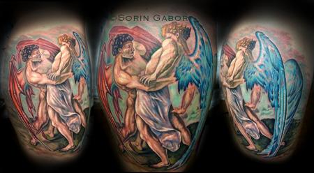 Sorin Gabor - Color realistic angel/demon calf tattoo 